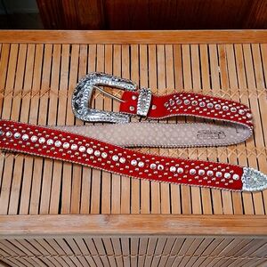 Vintage BB Simon Western Pony Hair Red/Silver Leather Belt W/Crystals Large